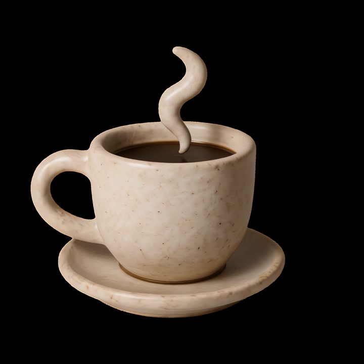 Tazza di caffè fumante animata che ruota su sfondo nero