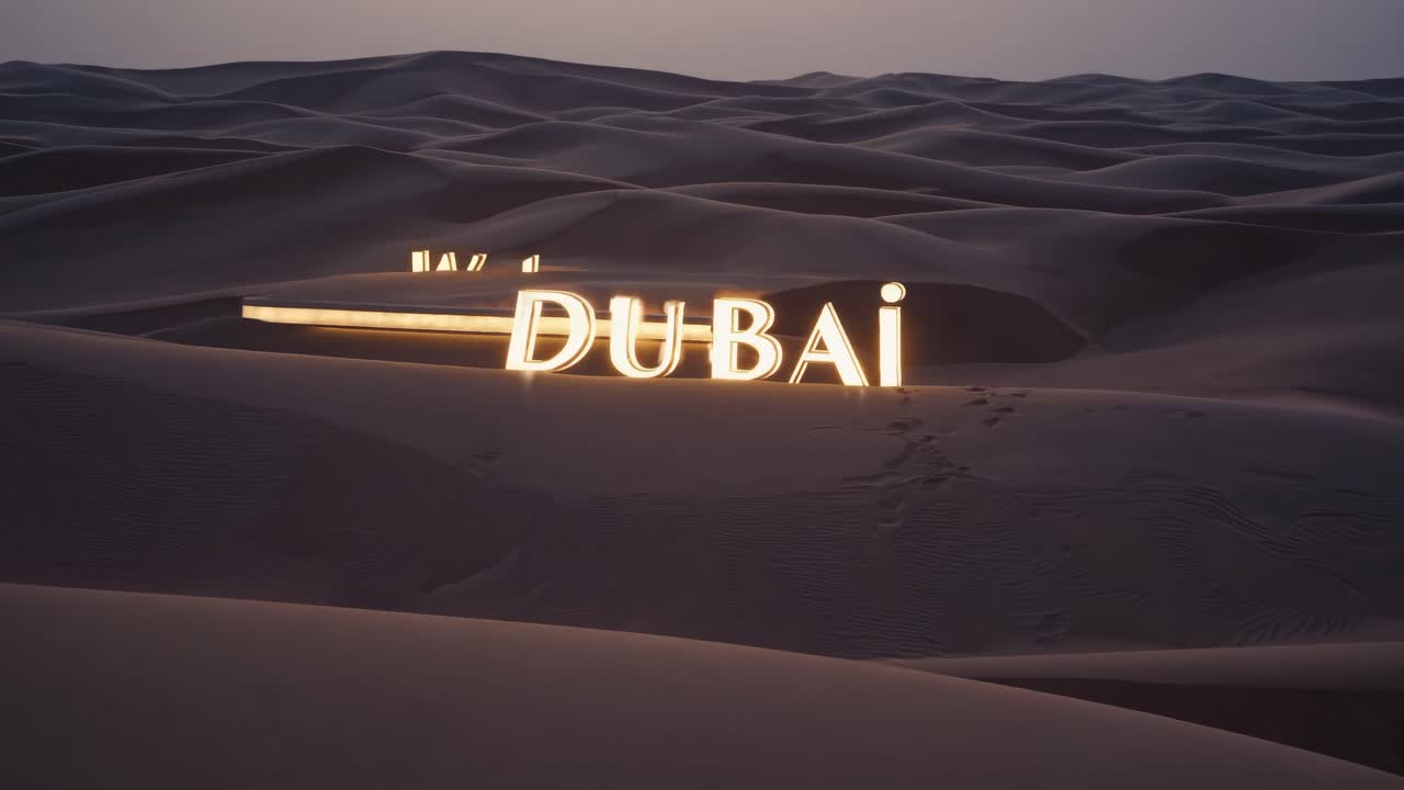 Light forming the word welcome in the sand dunes of a desert at sunset creates a surreal and inviting atmosphere, radiating warmth and a sense of tranquility across the landscape