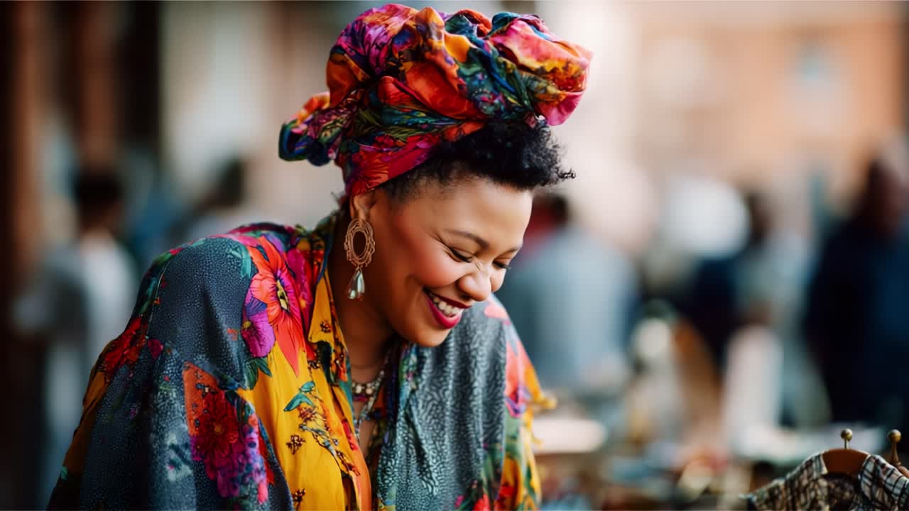 Joyful Woman in Vibrant Clothing Wearing Colorful Headwrap, Expressing Delight and Happiness While Engaging with Antiques or Market Goods in Lively Outdoor Setting