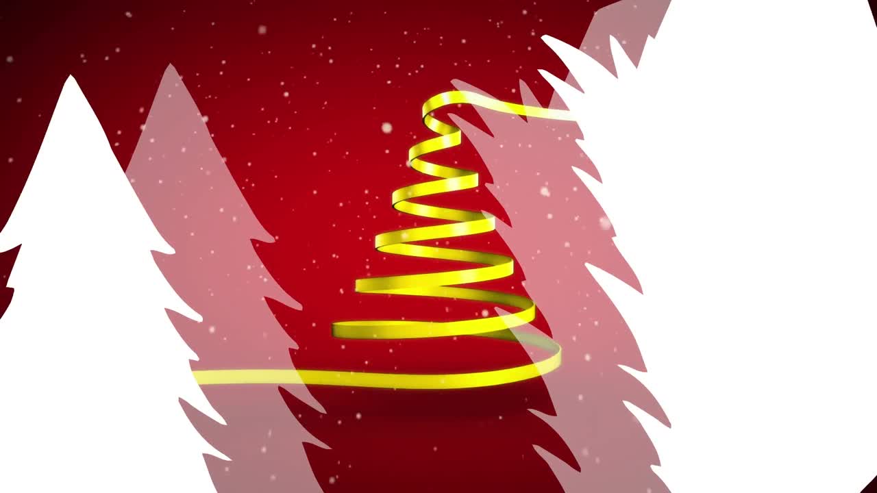 nieve cayendo sobre la cinta formando un árbol de navidad contra los iconos del árbol de navidad en fondo rojo