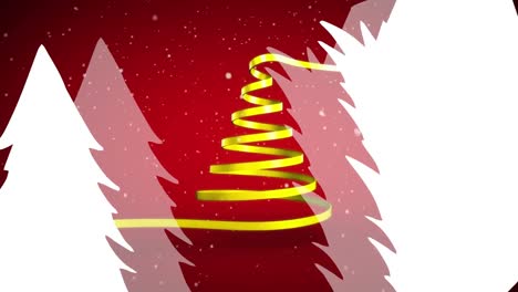 Snow-falling-over-ribbon-forming-a-christmas-tree-against-christmas-tree-icons-on-red-background
