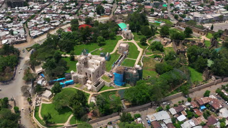 Emperor Fasil’s Palace At Fasil Ghebbi Fortress In Gondar, Amhara Region, Ethiopia. - aerial shot