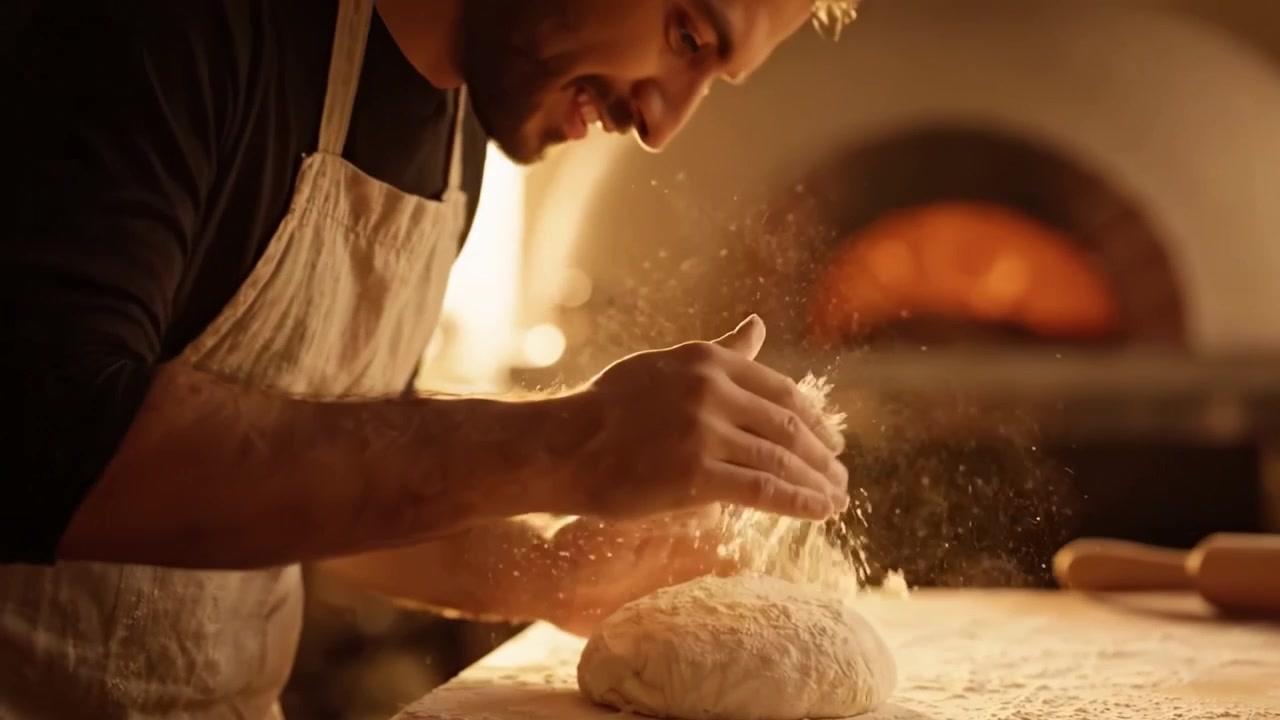 Piekarz zręcznie formuje ciasto i przygotowuje je do pieczenia w ciepłej, rustykalnej kuchni, z mąką na powierzchni i rozgrzanym piekarnikiem w tle