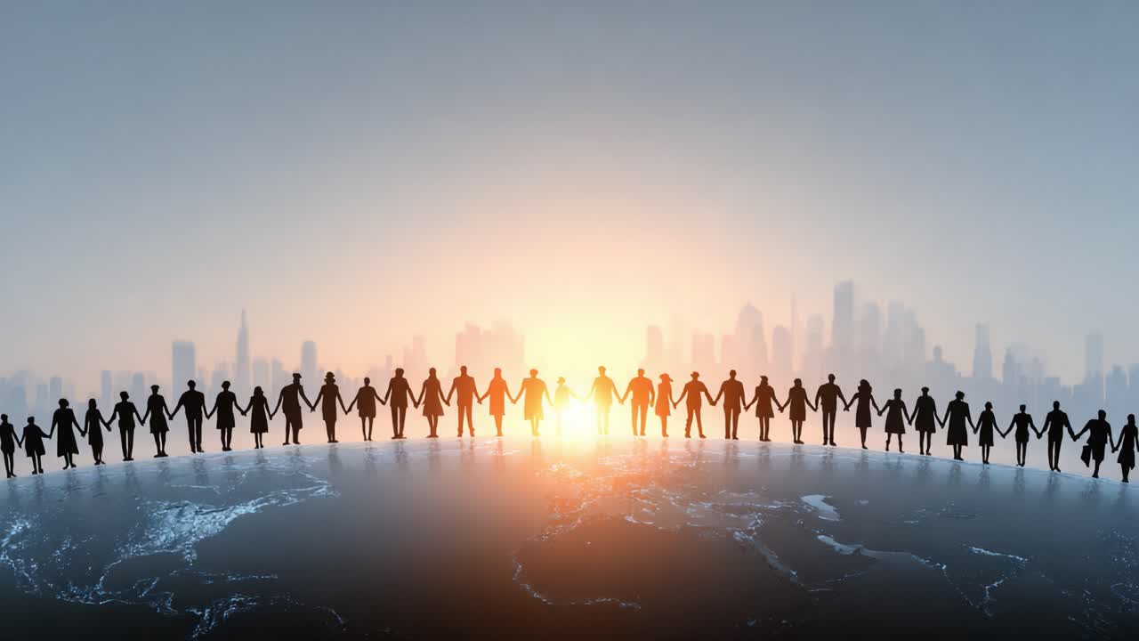 A Global Connection: A Diverse Group of People United in Harmony, Holding Hands Around the World Against a Backdrop of a Radiant Sunrise and City Skyline