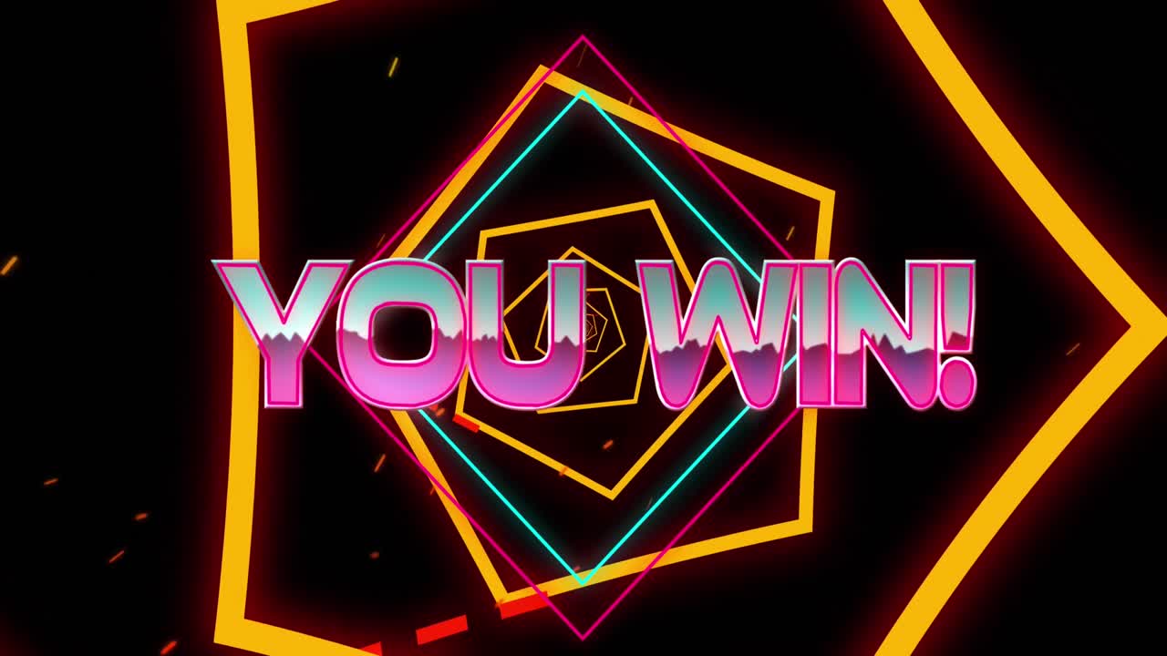 네온 6각형 터널을 상대로 텍스트 배너를 이기는 애니메이션이 원활한 패턴으로 회전합니다.