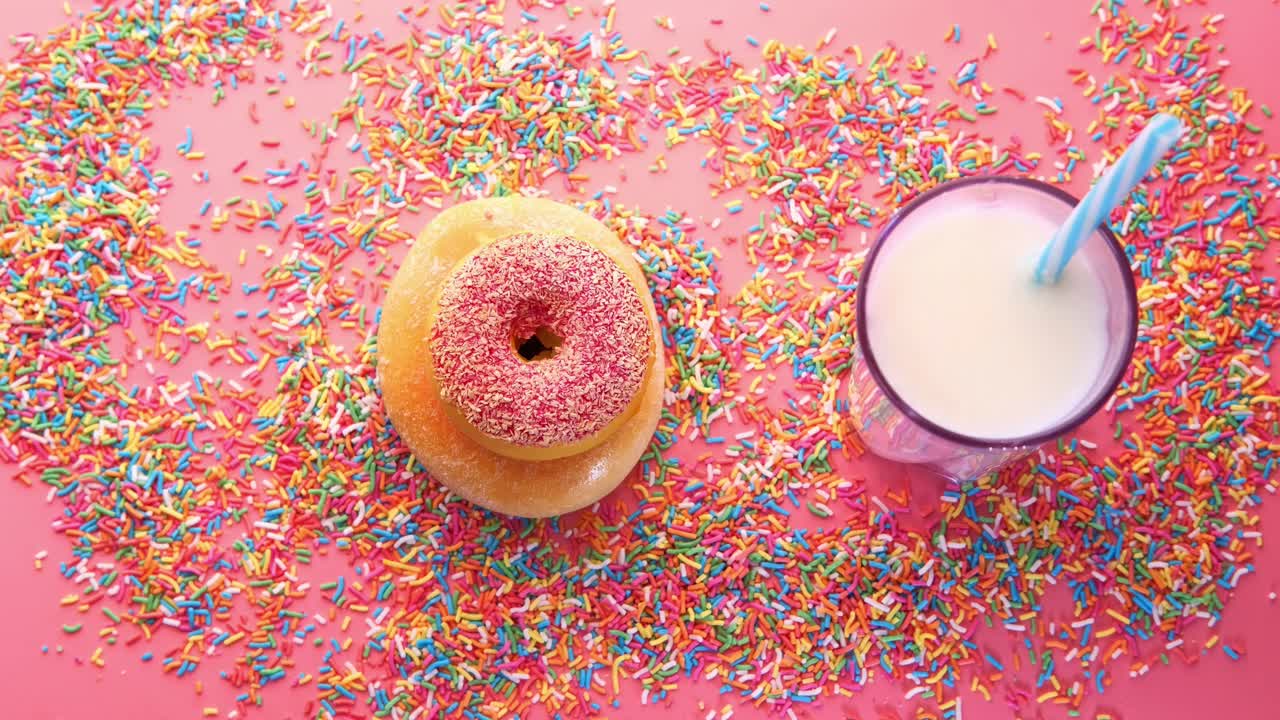 Mano che si allunga per prendere una ciambella con un bicchiere di latte su uno sfondo rosa con zuccherini colorati