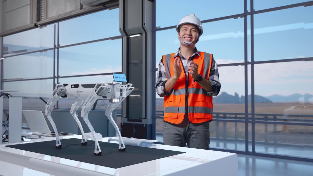 corpo pieno di ingegnere maschio asiatico con casco di sicurezza in piedi in fabbrica ad alta tecnologia, analizzando il concetto di macchina robotica. sorridendo alla telecamera e applaudendo
