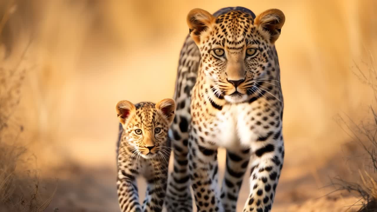 A captivating video frame of a leopard and cub walking through a sunlit savannah