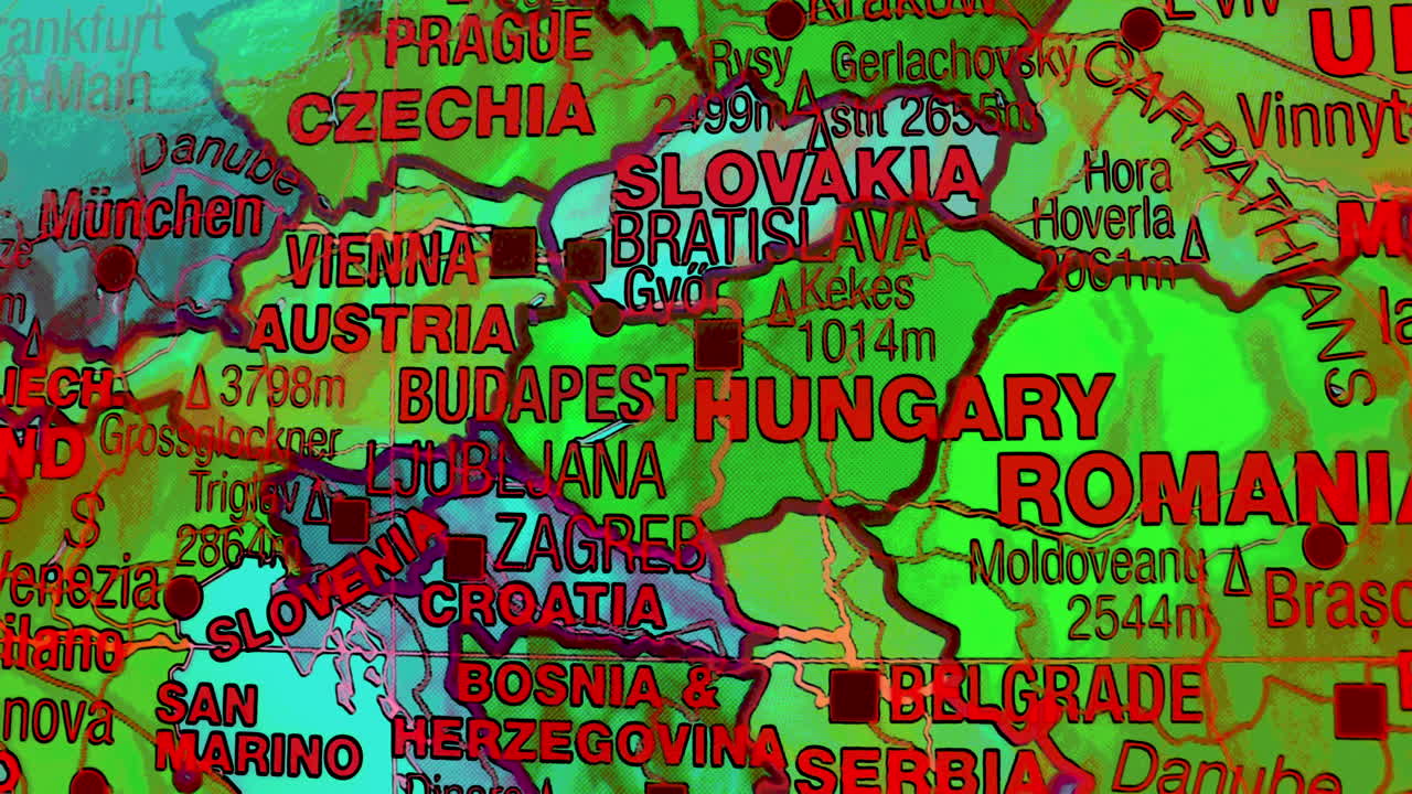 A close-up view of a vibrant map showing Central and Eastern European countries and cities