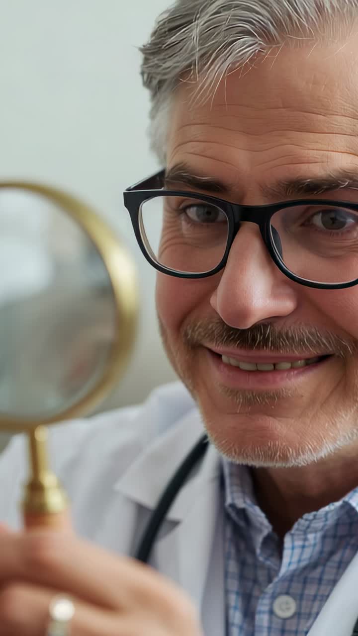 Vertical video: Holding brass magnifier senior MD in lab coat peering at lens for close exam