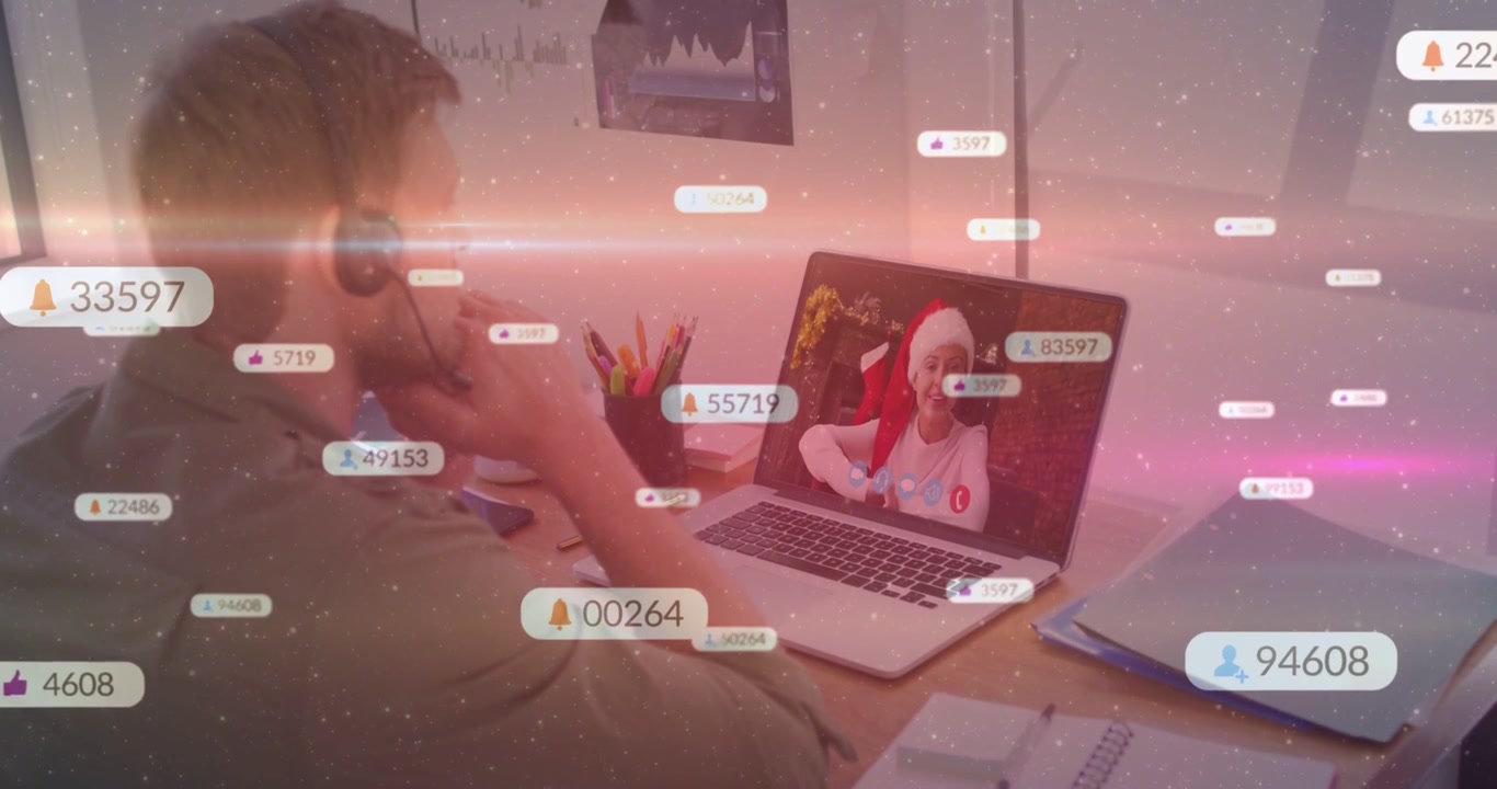 Call starting, man with headset watching screen as alerts circling desk, boosting tech engagement