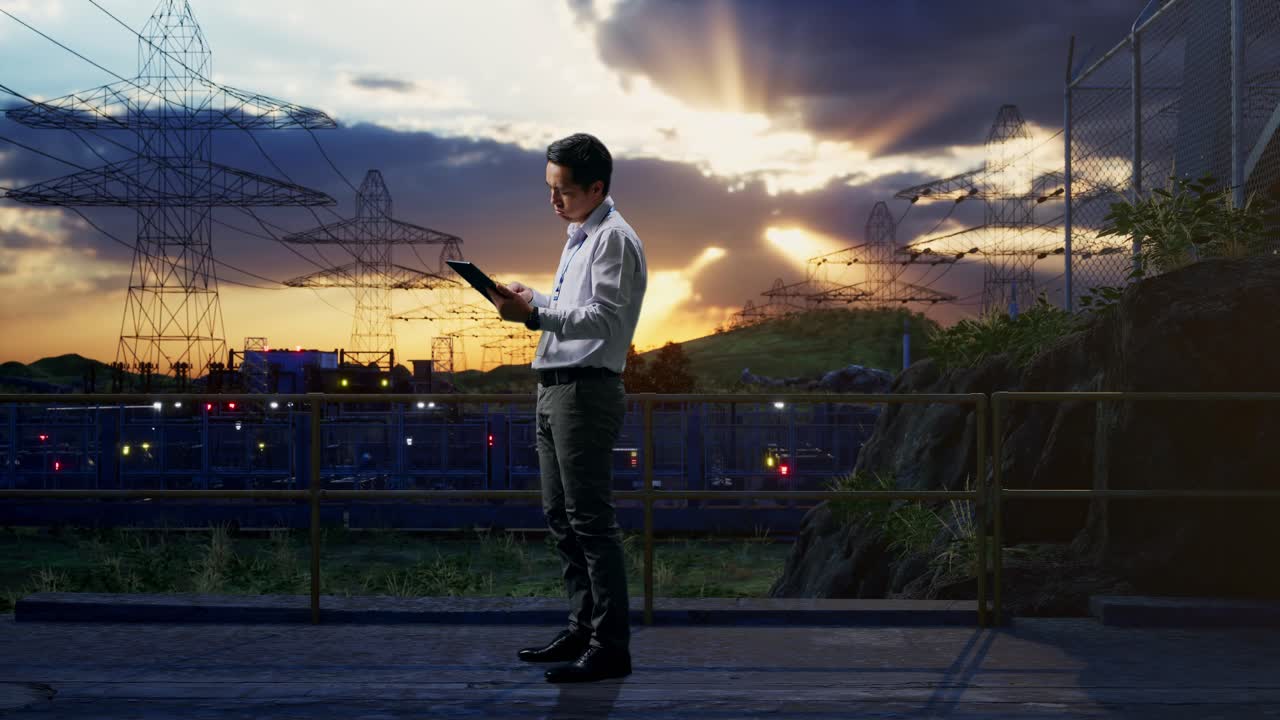 Full Body Side View Of An Asian Male Professional Worker Standing With His Tablet Near High Voltage Tower, Industrial Facility, He Is Nodding His Head With Dissapionted