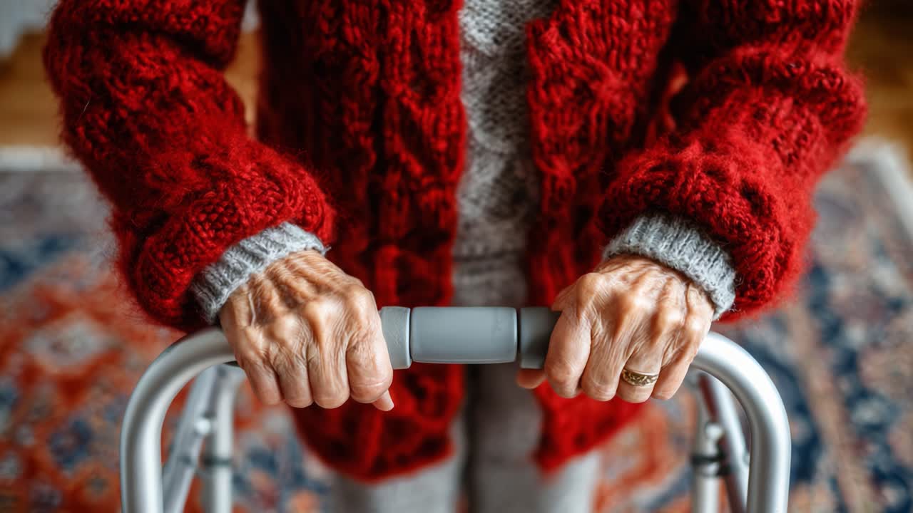 A close-up view of hands grasping a walker, reflecting the strength and resilience of an elderly person navigating daily life with mobility assistance in a cozy home environment