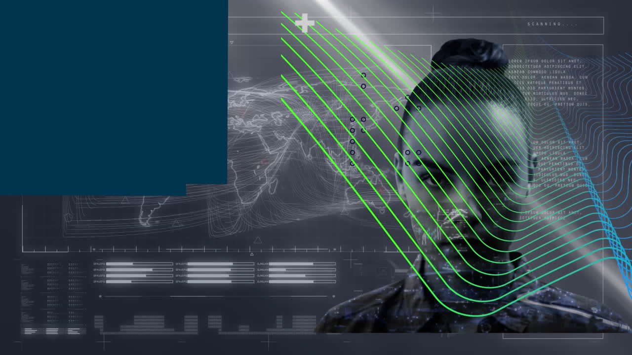 animación del procesamiento de datos y líneas que se mueven sobre la cara de la mujer