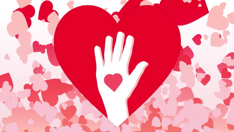 animación del icono de la mano y los corazones sobre fondo blanco.