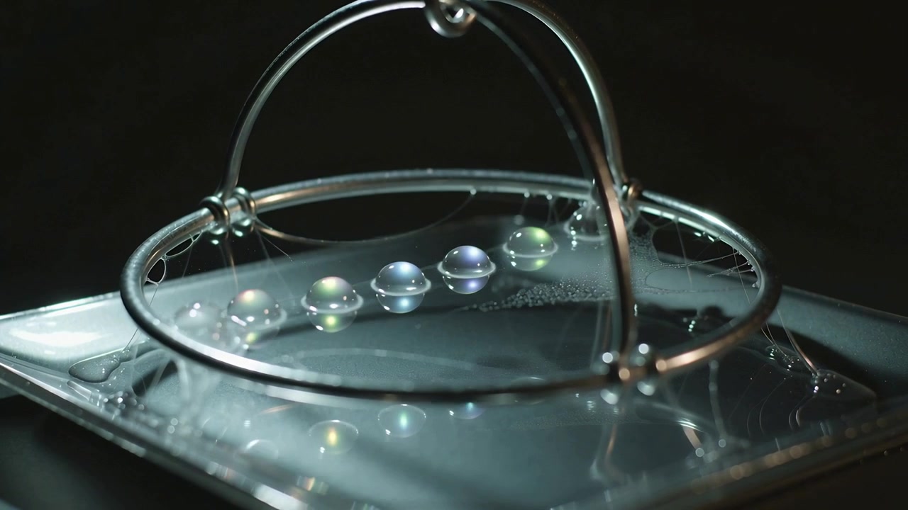Moving 5-6 beads sliding right on ring film, tension shifting, threads flexing, iridescent on tray