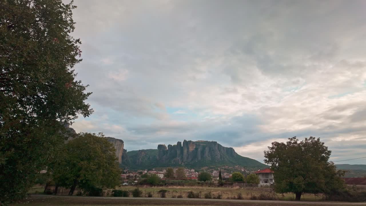 View of mountain rock formations of Meteora above Kalabaka