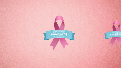 animation of multiple pink ribbon logo and breast cancer text appearing on pink background