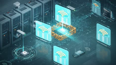 futuristic data center infrastructure showcasing networking technology with advanced security and computational elements