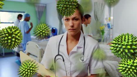 animación del virus de la corona verde con médicos en el fondo