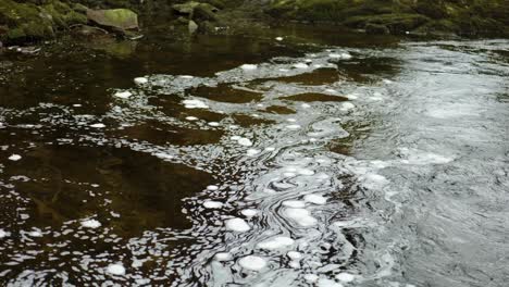 Lapso-De-Tiempo-De-Burbujas-Giratorias-De-Espuma-Blanca-Flotando-En-La-Superficie-Del-Agua-En-Un-Río-Escocés-En-Un-Patrón-En-Constante-Cambio-Donde-La-Corriente-Más-Rápida-Se-Encuentra-Con-Una-Sección-De-Agua-Inmóvil