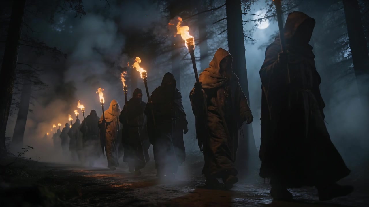 Lead figure raising torch and leading hooded procession walking along foggy forest path for ritual