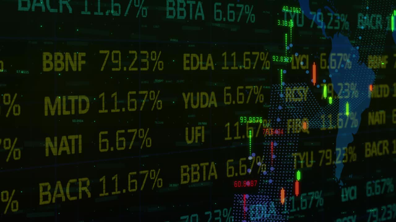 Animazione di statistiche e numeri, elaborazione di dati finanziari su mappa del mondo