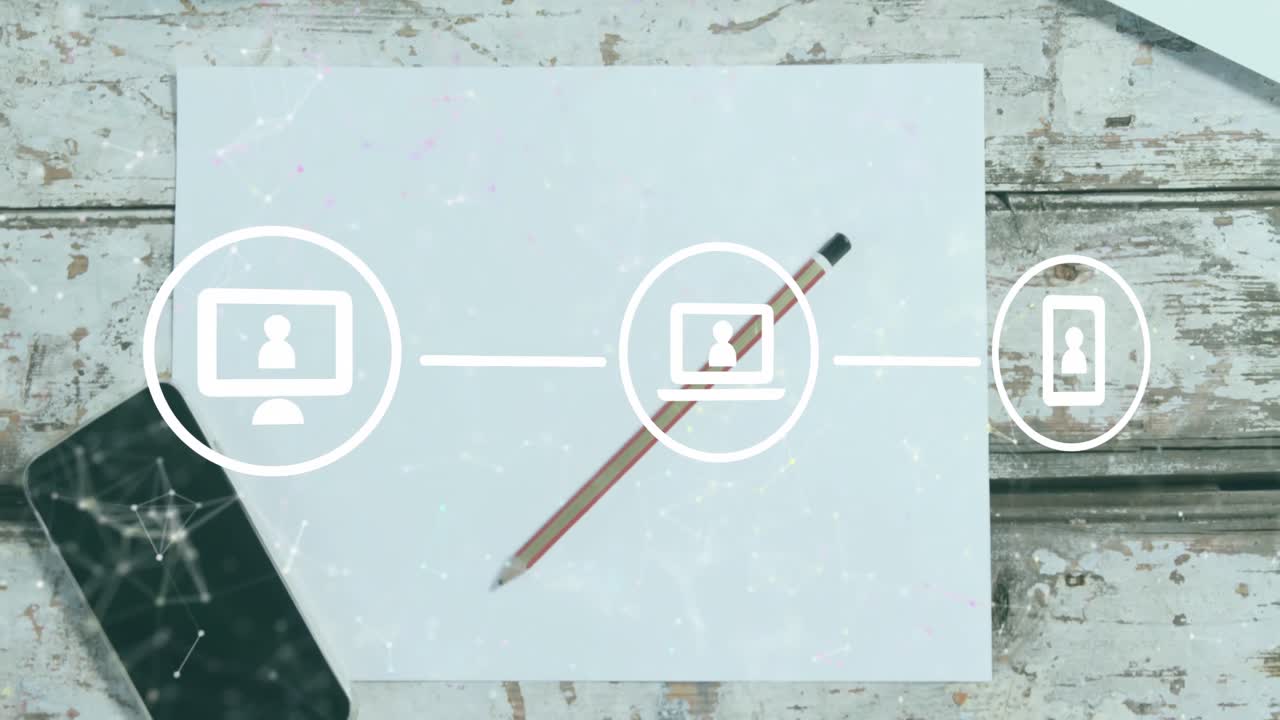 animación de diagrama de flujo de iconos y puntos conectados sobre taza de café y computadora portátil en una mesa de madera