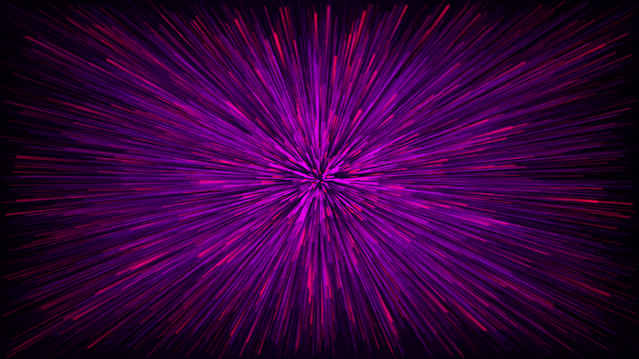 Cosmic dark background with fast moving violet and red neon particles. Flash with colored glowing rays. Looped animation.