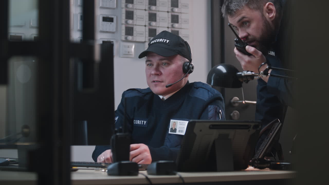 Two security guards monitoring surveillance in a control room