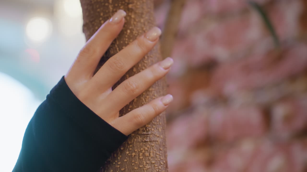 Close up view of woman hand with shiny acrylic nails gently running fingers across rough textured tree trunk in softly lit indoor space with blurred natural tones and hints of pink in background
