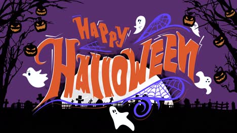 Animation-of-happy-halloween-text-over-cemetery