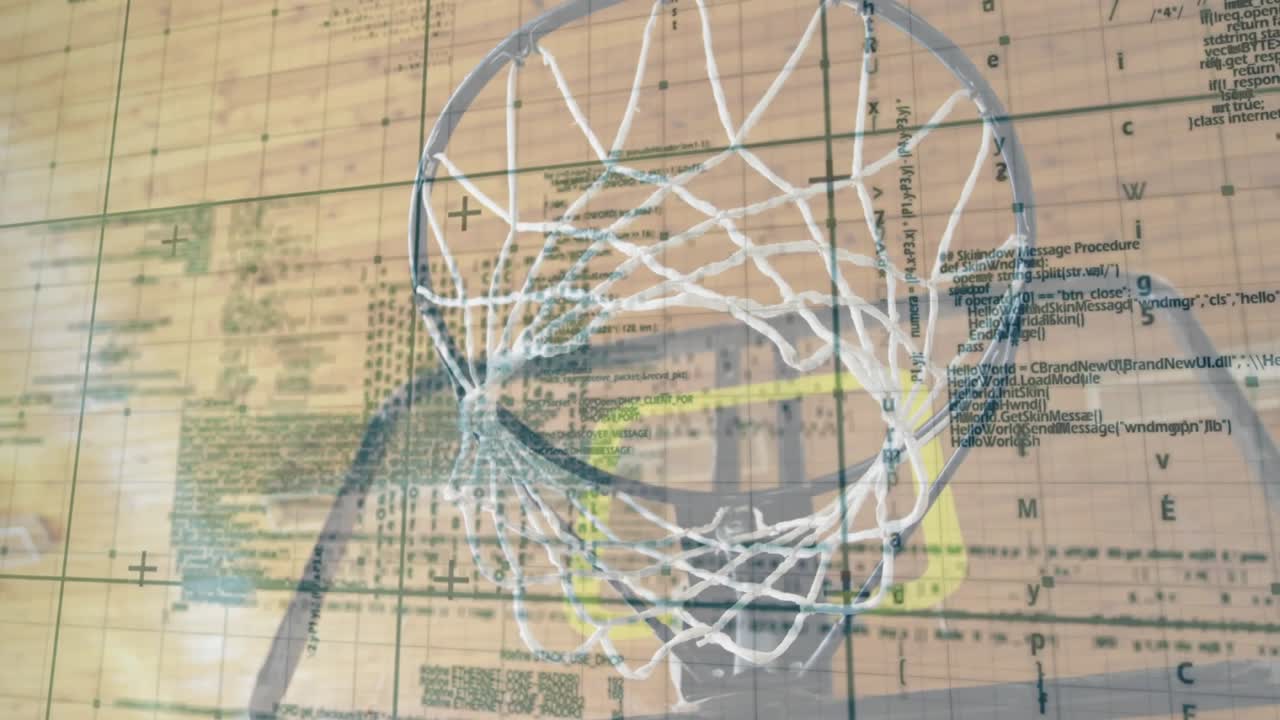 Faint green code appearing, hoop and net receiving overlay, zooming, grid aligning, visualizing rim