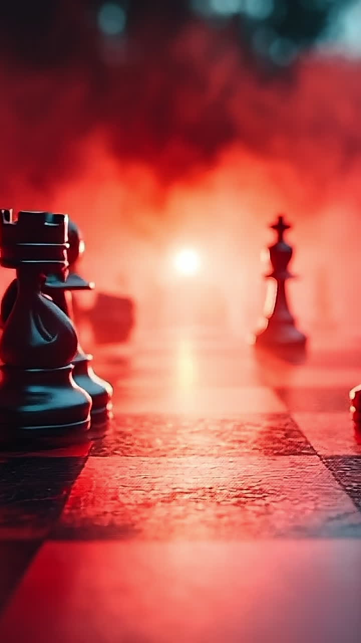 Eerie-lit chess pieces arranged. Dark chess pieces are illuminated by an eerie red glow, creating a mysterious atmosphere in the setting.