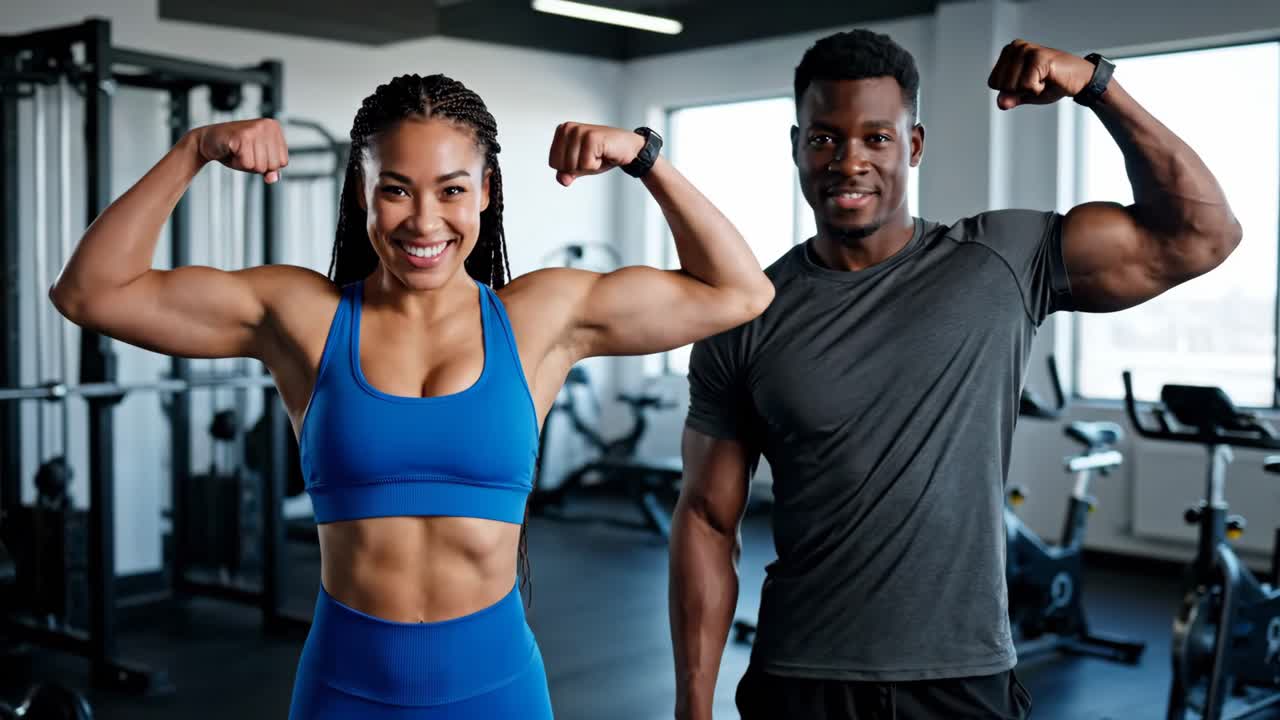 Fitness models flexing muscles in the gym