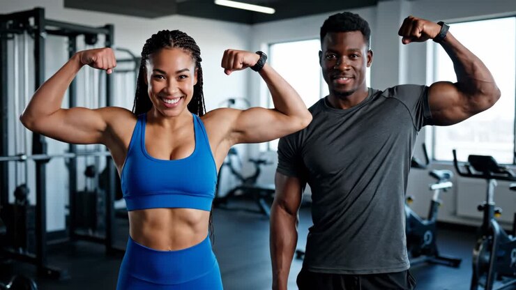 Fitness models flexing muscles in the gym