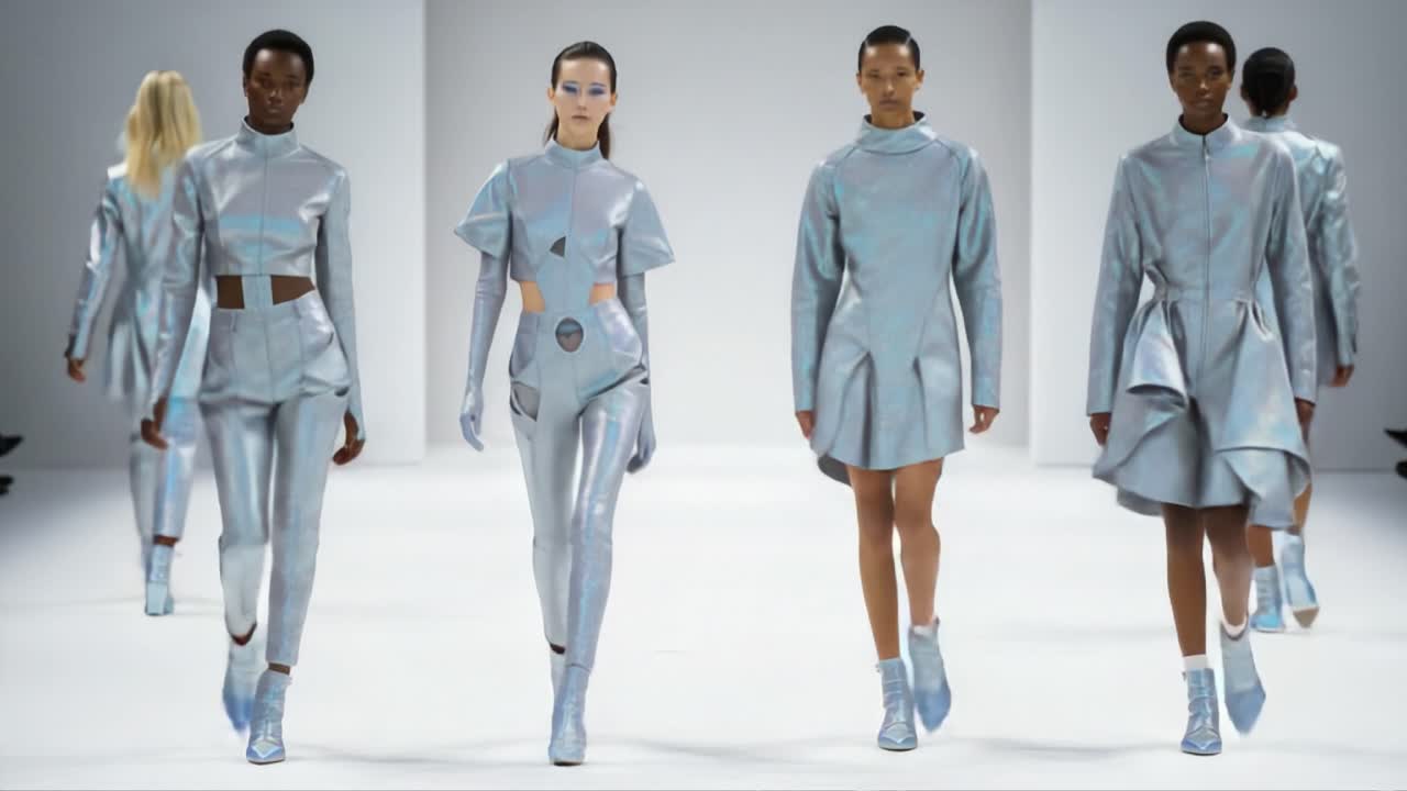 Futuristic Fashion Showcase: A Captivating Glimpse of Models Strutting Down the Runway in Stunning Shimmering Outfits That Blend Style with High-Tech Aesthetics