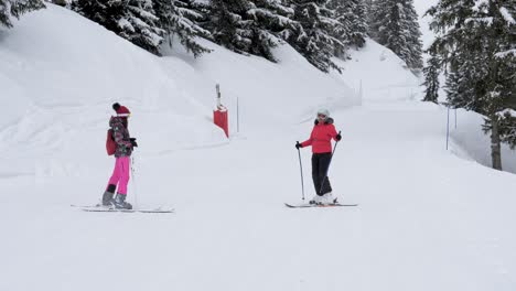 skiers standing on the slope show each other the route where to skiing