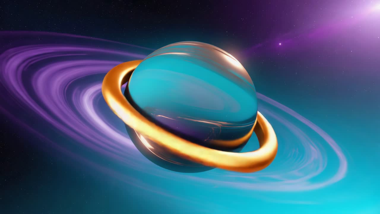 En stiliseret planet med en gylden ring i et kosmisk miljø