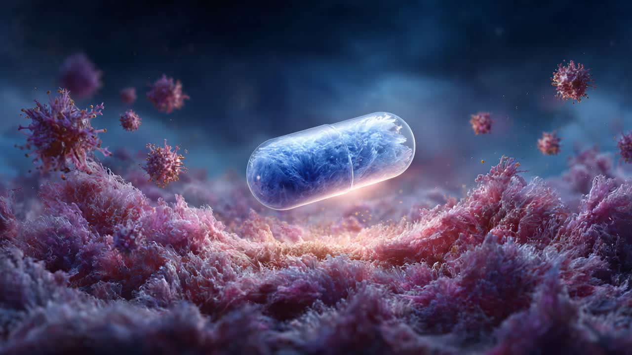 Esplorando il regno mistico della vita microscopica: un'affascinante visualizzazione di una capsula fluttuante circondata da particelle colorate in un paesaggio cosmico