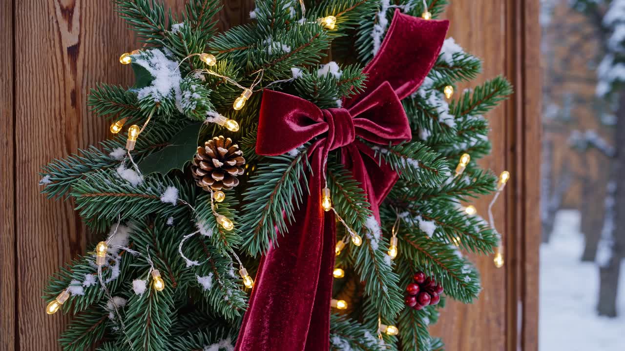 Festive wreath with lights and red bow on wooden wall, captured from a side angle
