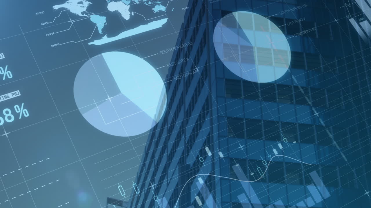 Composite video of statistical data processing against tall building