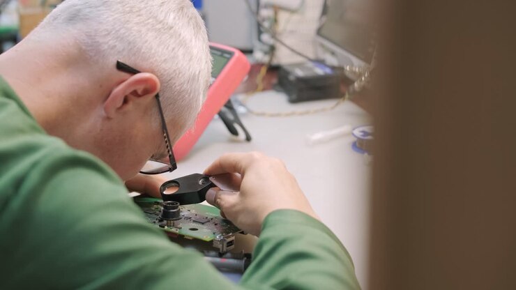 Electronic equipment repair shop. The Engineer Technician solders the printed circuit board of an electronic device under a microscope.