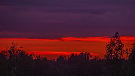 Lapso-De-Tiempo-De-Puesta-De-Sol-Nublada-Rojiza-Sobre-Lugar-Con-Vegetación