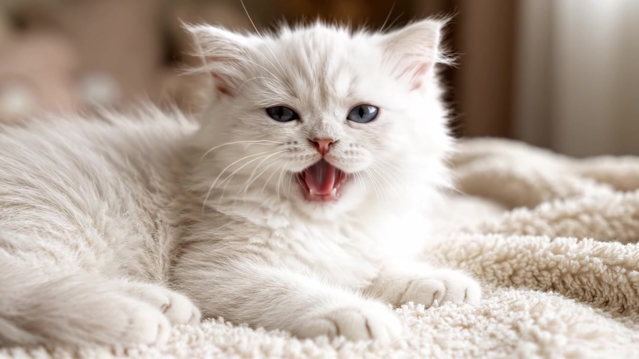 Anak Kucing Putih Cantik Bersantai di Selimut Lembut dengan Mata Biru Menatap Penasaran ke Sekelilingnya di Lingkungan Dalam Ruangan yang Nyaman