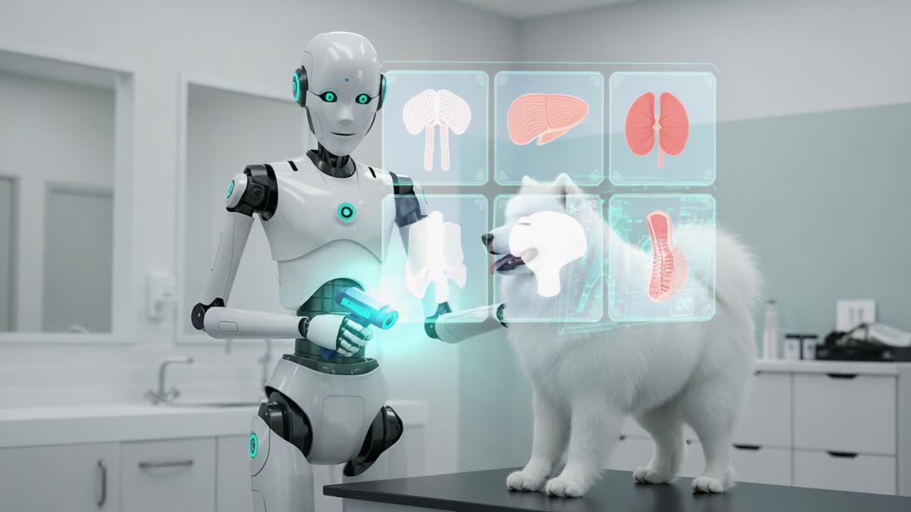 A Cutting-Edge Robot Examining a Samoyed Dog in a Futuristic Veterinary Clinic, Showcasing Advanced Technology and Health Monitoring Capabilities