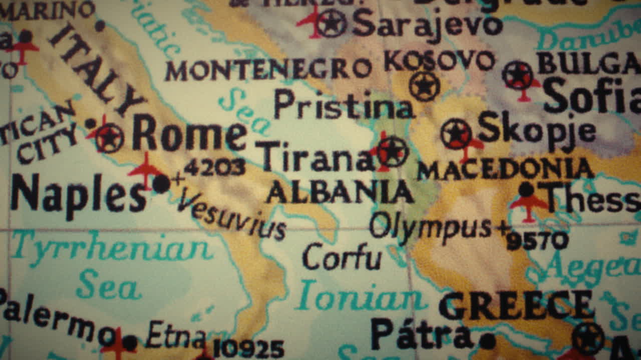 Close-up of a Map of the Balkan Region and Southern Europe