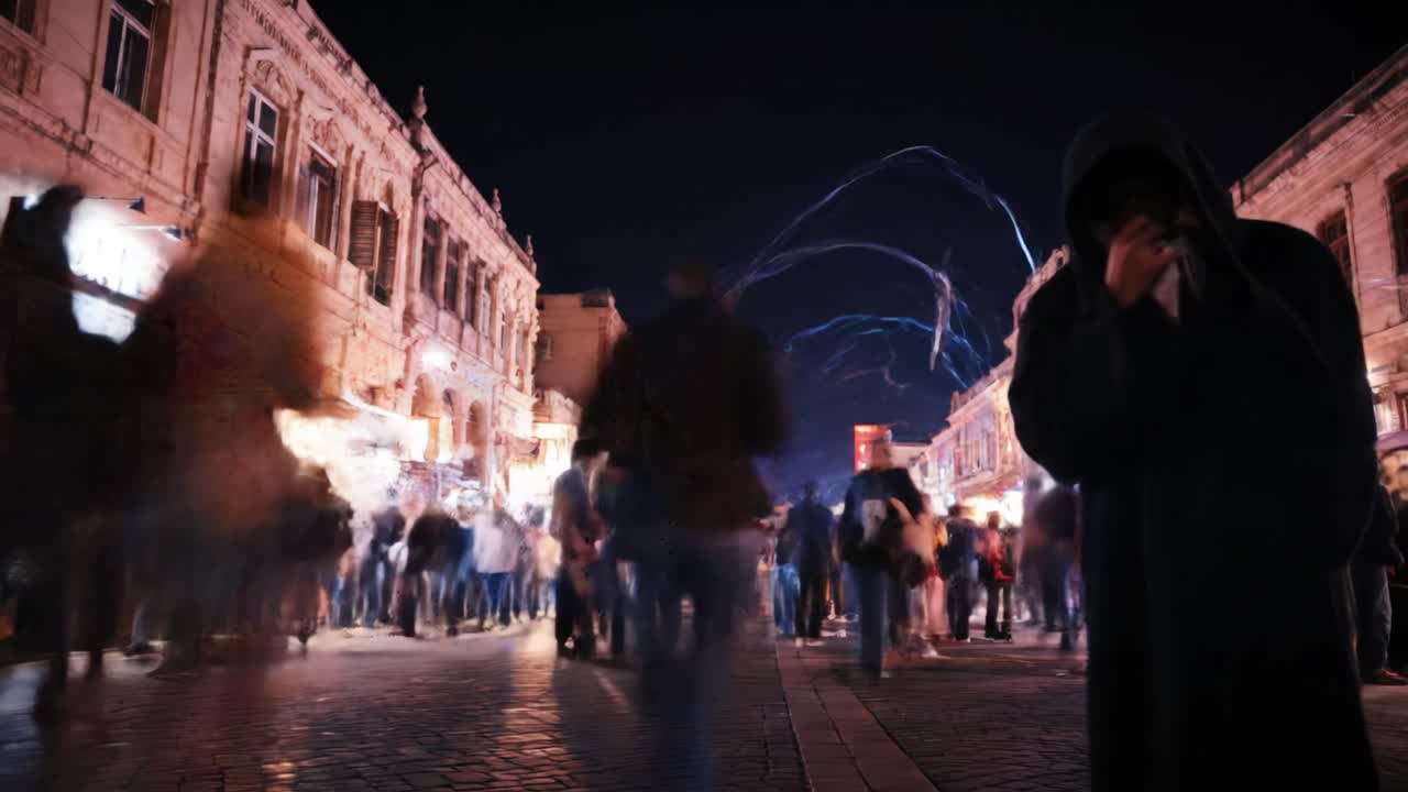 Bustling market at night features numerous visitors exploring stalls and enjoying activities. Colorful lights illuminate the historic surroundings, creating an energetic ambiance.