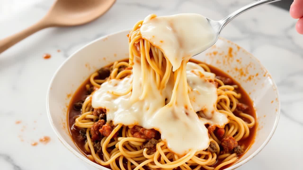 Spaghetti topped with savory meat sauce and gooey melted cheese is being lifted from a white bowl, showcasing the delicious texture and inviting appearance of this classic Italian dish