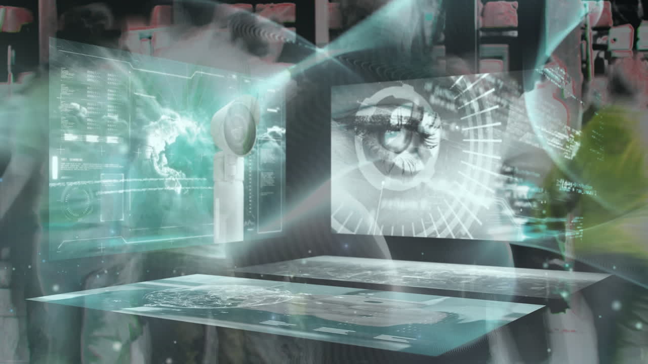 animación de la cámara de cctv y procesamiento de datos en las pantallas sobre los peatones que caminan en movimiento rápido